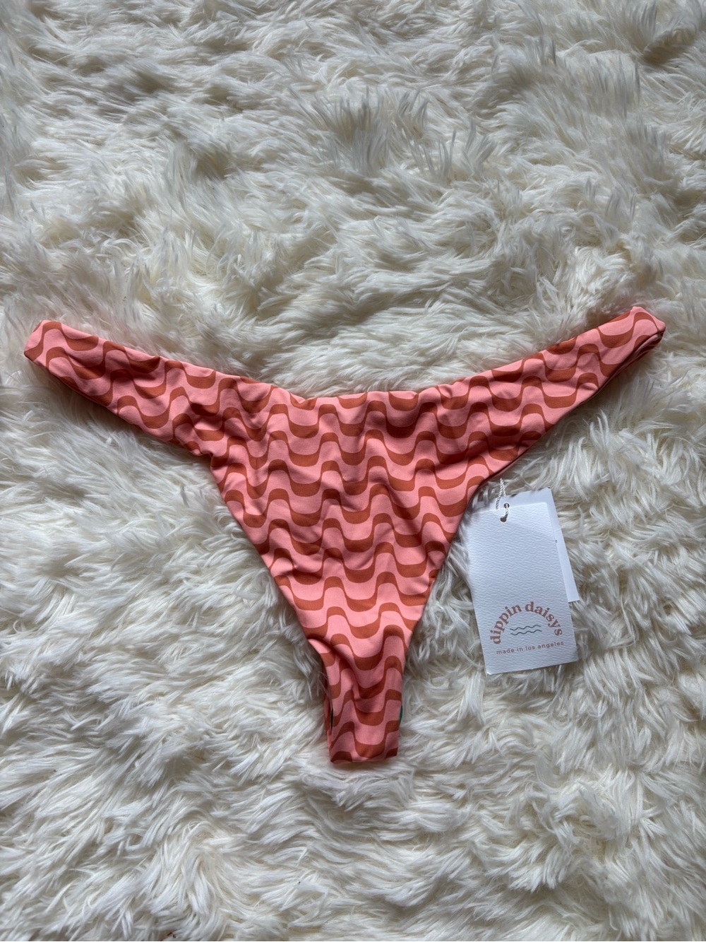 Dippin Daisys Seaport Thong Bikini Bottom Pink Wave Print NWT Size L